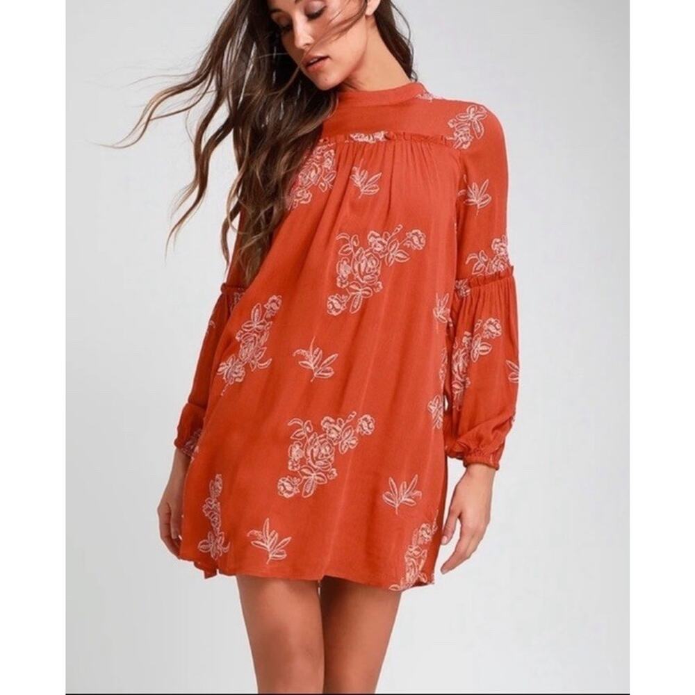 Lulu's No One Quite Like You Rust Orange Embroidered Shift Dress Boho Chic Small